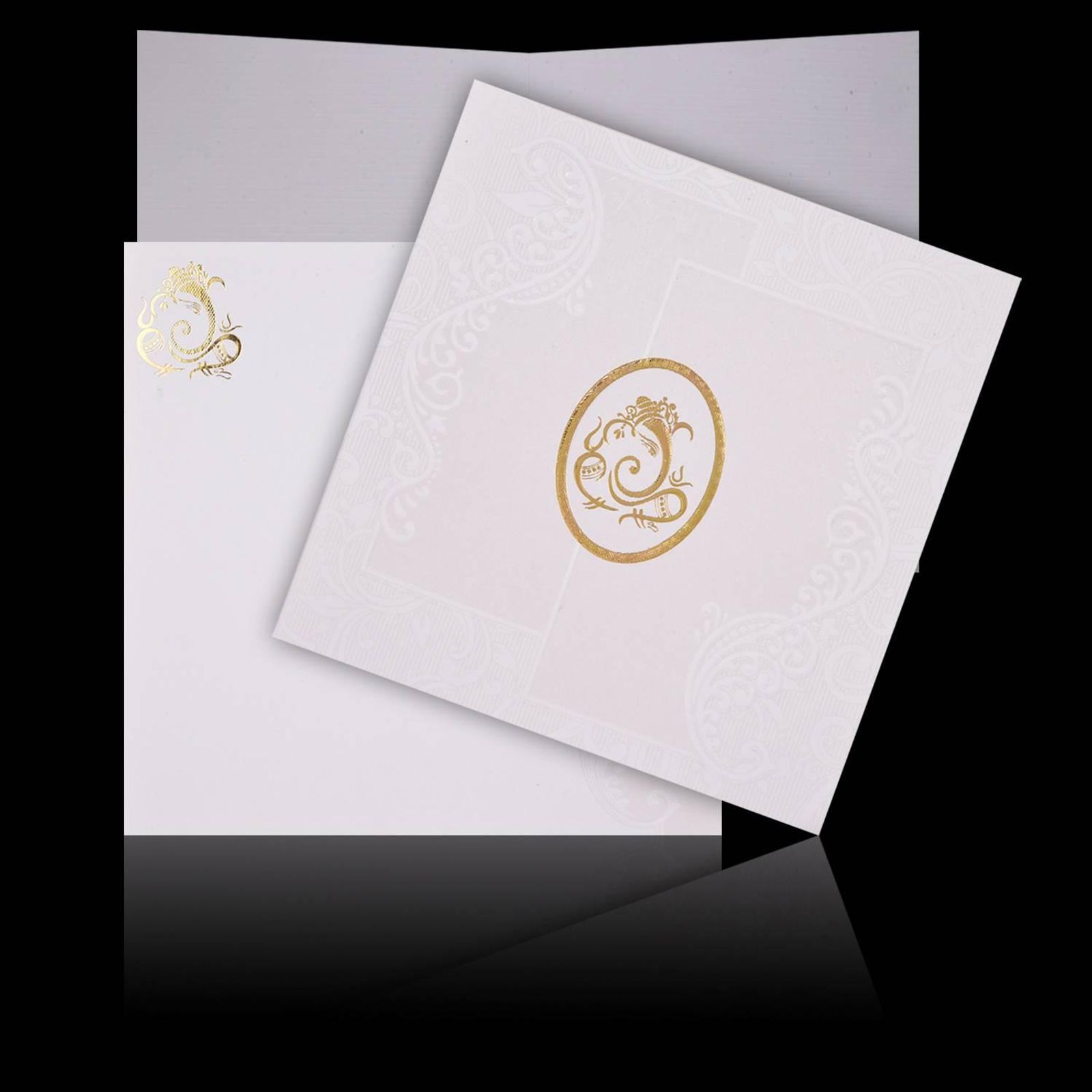 Gold Foiling Embossed Ganesha With Pristine White Shading Wedding Card - KNK08190-2